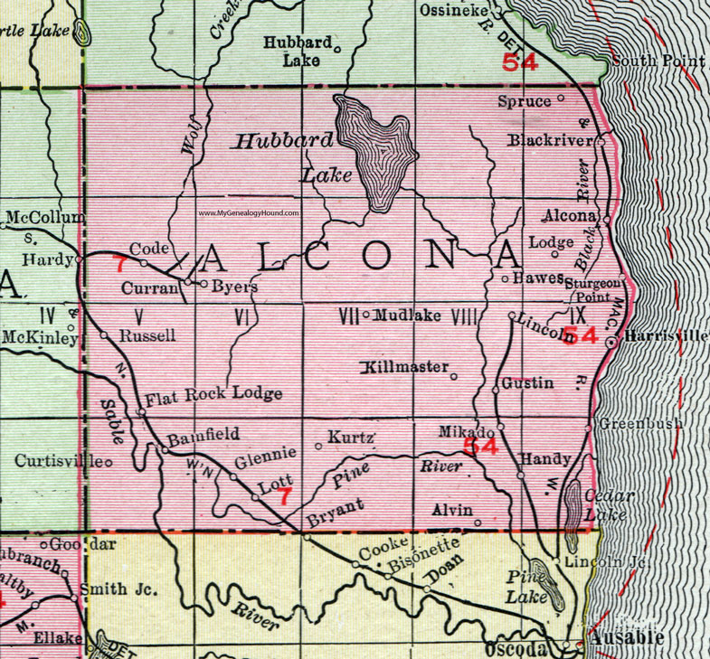 Alcona County, Michigan, 1911, Map, Rand McNally, Harrisville, Greenbush, Glennie, Mikado, Flat Rock, Spruce, Curran, Black River, Hawes, Lincoln, Gustin, Killmaster, Kurtz