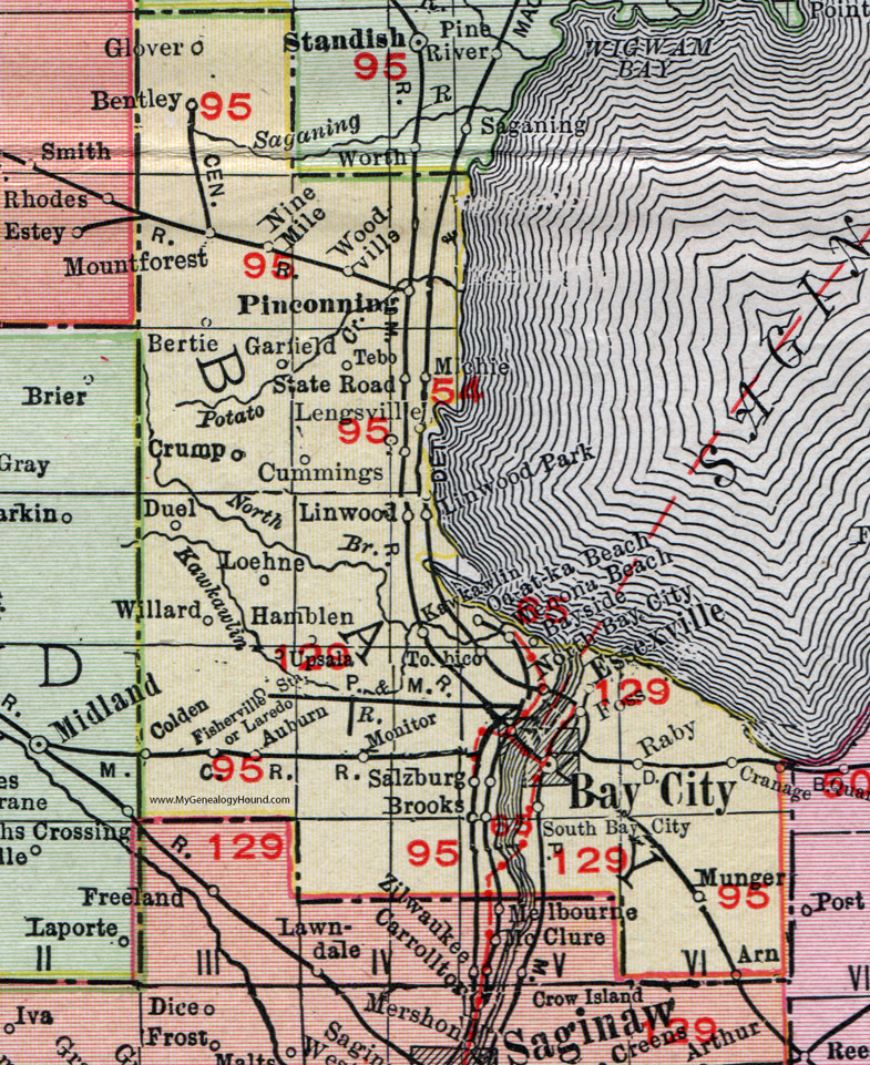 Bay County, Michigan, 1911, Map, Rand McNally, Bay City, Pinconning, Auburn, Kawkawlin, Essexville, Fisherville, Munger, Bentley, Linwood, Salzburg, Crump, Willard