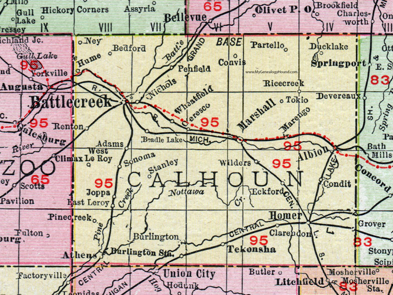 Calhoun County, Michigan, 1911, Map, Rand McNally, Battle Creek, Marshall, Albion, Athens, Homer, Tekonsha, Burlington, Ceresco, Bedford, Pennfield, Partello, Sonoma