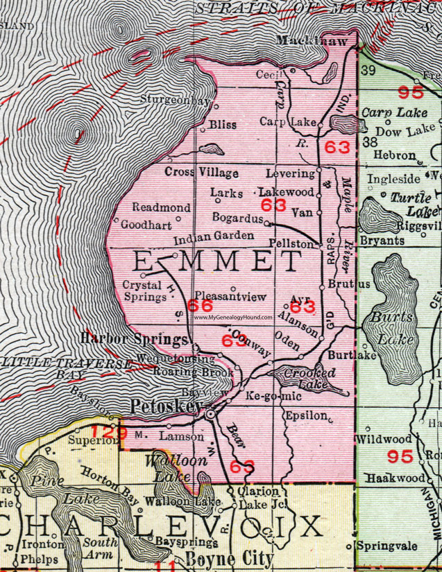 Emmet County, Michigan, 1911, Map, Rand McNally, Petoskey, Mackinaw City, Harbor Springs, Bay View, Conway, Odegn, Alanson, Brutus, Pellston, Levering, Carp Lake, Cross Village, Good Hart