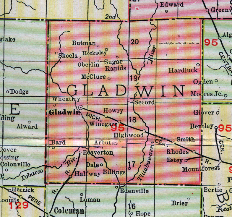 Gladwin County, Michigan, 1911, Map, Rand McNally, Beaverton, Rhodes, Oberlin, Estey, Billings, Secord, McClure, Hockaday, Skeels, Butman, Arbutus, Wheatley