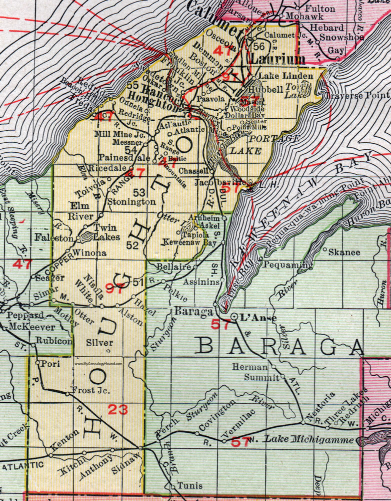 Houghton County, Michigan, 1911, Map, Rand McNally, Calumet, Laurium, Hancock, Hubbell, Dollar Bay, Painesdale, Chassell, Lake Linden, Toivola, Kenton, Sidnaw, Winona, Nisula