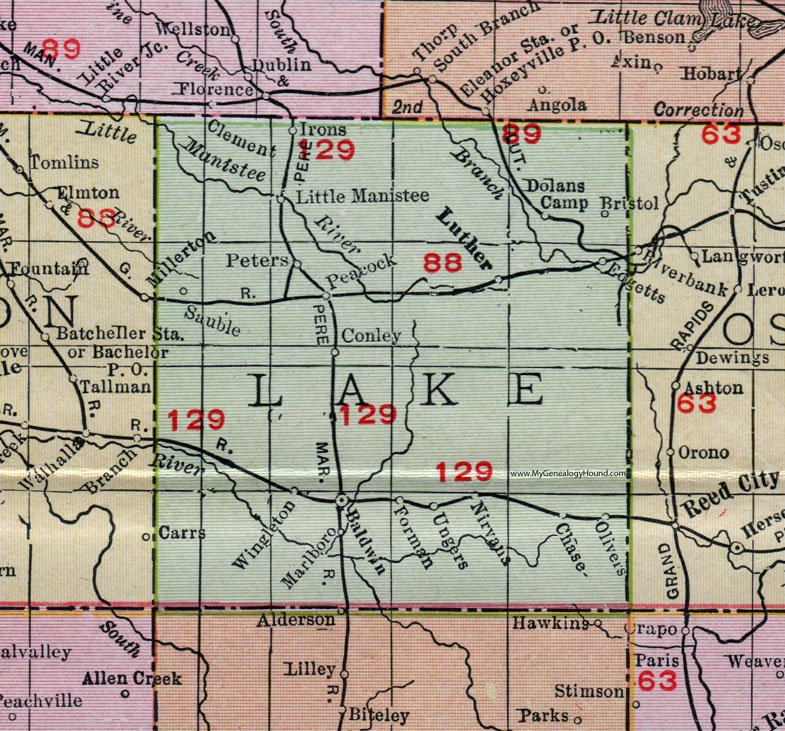 Lake County, Michigan, 1911, Map, Rand McNally, Baldwin, Luther, Chase, Sauble, Peacock, Conley, Wingleton, Marlboro, Forman, Ungers, Nirvana, Olivers, Edgetts