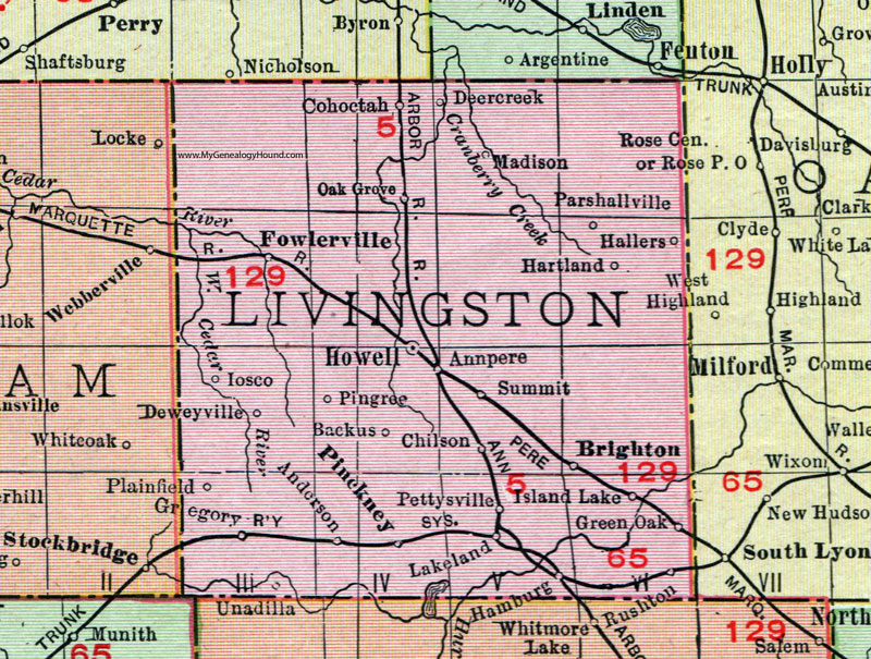 Livingston County, Michigan, 1911, Map, Rand McNally, Howell, Brighton, Fowlerville, Pinckney, Gregory, Lakeland, Chilson, Hartland, Oak Grove, Iosco, Annpere, Pingree, Backus, Cohoctah