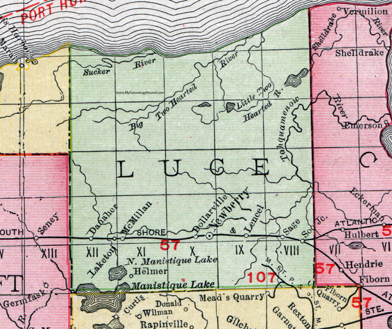 Luce County, Michigan, 1911, Map, Rand McNally, Newberry, McMillan, Dollarville, Danaher, Lencel, Sage, Soo Junction, Laketon, Helmer