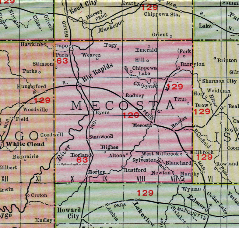 Mecosta County, Michigan, 1911, Map, Rand McNally, Big Rapids, Barryton, Morley, Rodney, Remus, Millbrook, Stanwood, Paris, Chippewa Lake, Borland, Altona, Crapo, Rustford