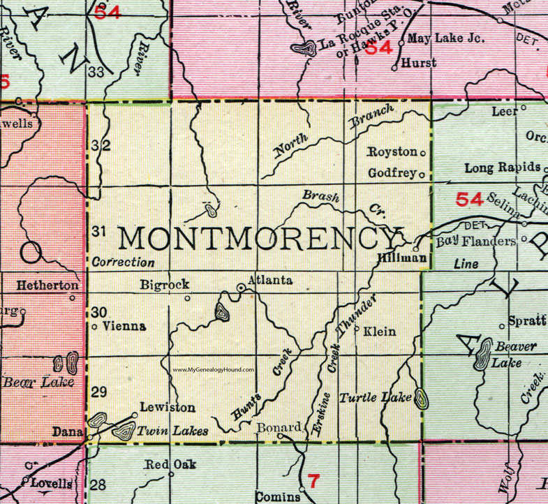 Montmorency County, Michigan, 1911, Map, Rand McNally, Atlanta, Hillman, Lewiston, Bonard, Vienna, Klein, Bigrock, Royston, Godfrey