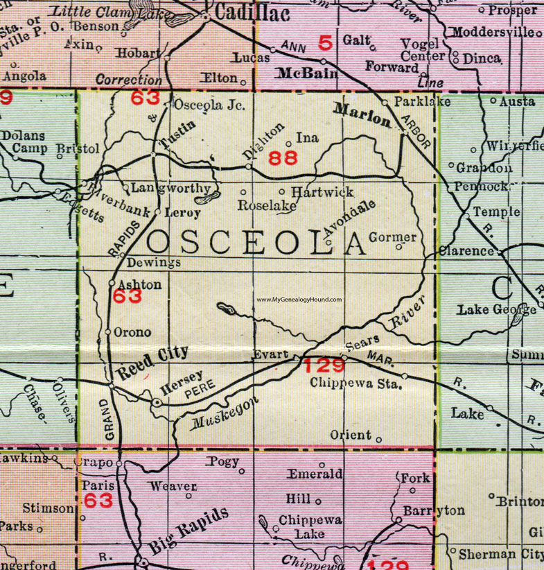 Osceola County, Michigan, 1911, Map, Rand McNally, Reed City, Evart, Marion, Sears, Hersey, Tustin, Le Roy, Dighton, Hartwick, Gormer, Langworthy, Dewings, Ashton, Orono, Orient
