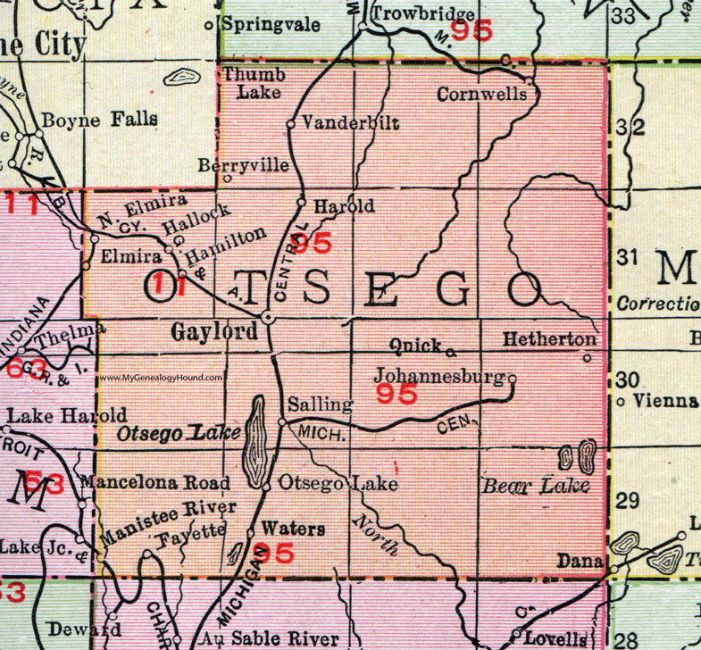 Otsego County, Michigan, 1911, Map, Rand McNally, Gaylord, Vanderbilt, Elmira, Johannesburg, Otsego Lake, Waters, Cornwells, Hetherton, Fayette, Manistee River, Hamilton, Hallock, Quick, Salling