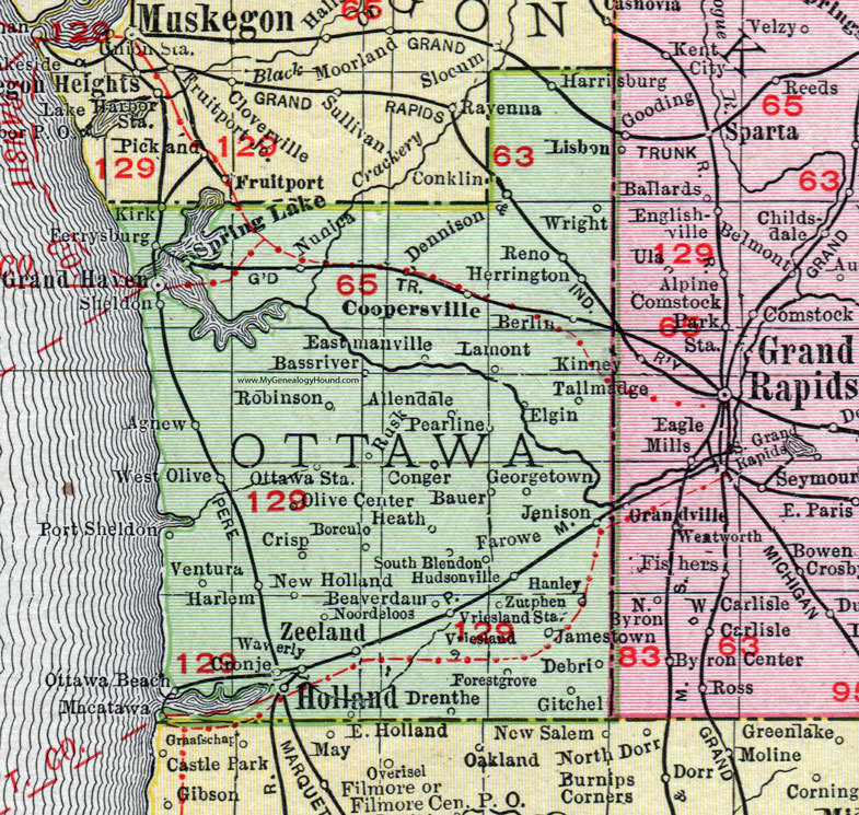 Ottawa County, Michigan, 1911, Map, Rand McNally, Grand Haven, Holland, Jenison, Hudsonville, Allendale, Coopersville, Spring Lake, Ferrysburg, West Olive, Zeeland, Jamestown, Macatawa, Lamont, Conklin