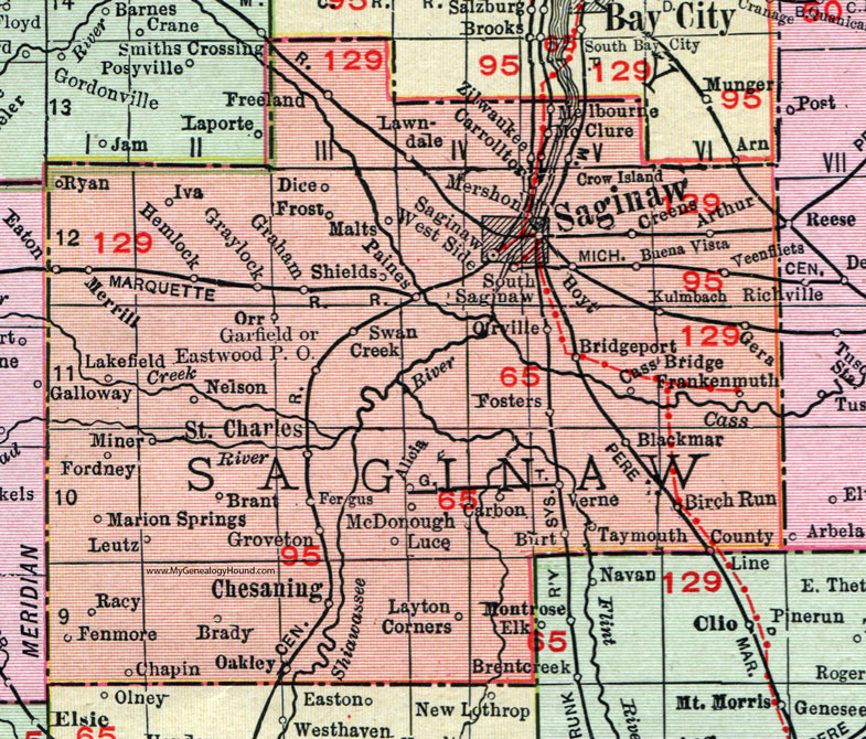 Saginaw County, Michigan, 1911, Map, Rand McNally, Freeland, Frankenmuth, Birch Run, Chesaning, Bridgeport, Buena Vista, Carrollton, Shields, St. Charles, Burt, Oakley, Leutz, Taymouth, Zilwaukee