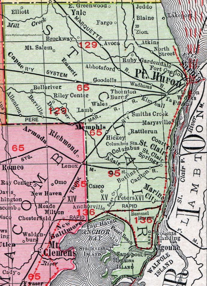 St. Clair County, Michigan, 1911, Map, Rand McNally, Port Huron, Marysville, Marine City, Algonac, Fair Haven, Anchorville, Pearl Beach, Capac, Yale, Columbus, Emmett, Avoca, Jeddo, Gardendale