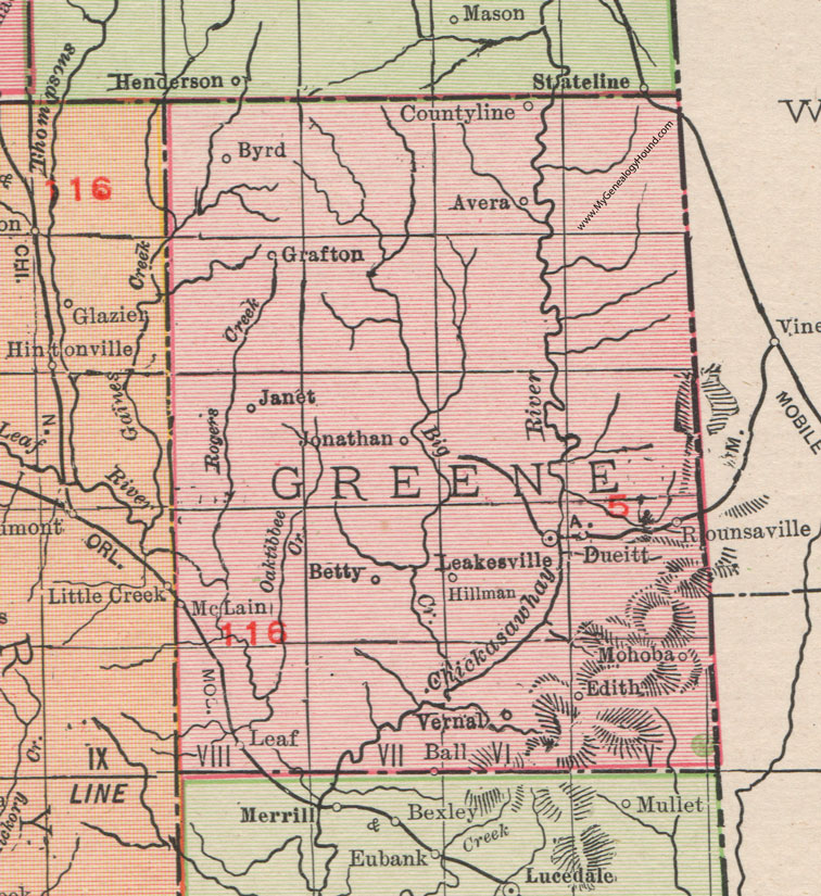 Greene County, Mississippi, 1911, Map, Rand McNally, Leakesville, McLain, Dueitt, Avera, Byrd, Grafton, Hillman, Rounsaville, Vernal, Mohoba, Jonathan