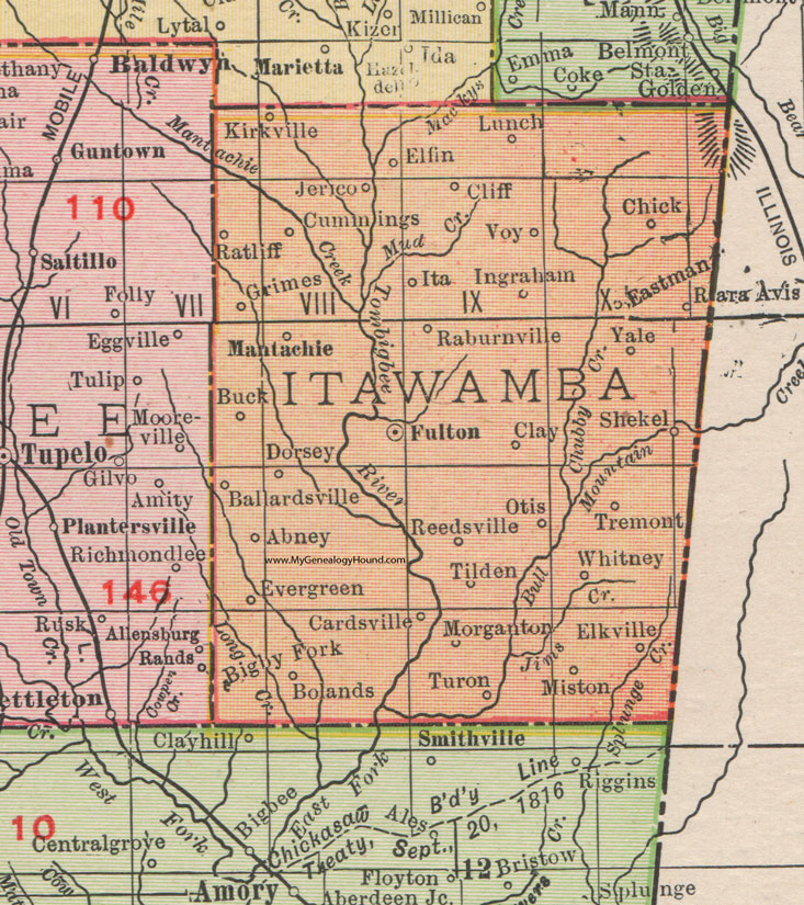 Itawamba County, Mississippi, 1911, Map, Rand McNally, Fulton, Kirkville, Tremont, Mantachie, Tilden, Ballardsville, Elfin, Voy, Rayburnville, Ingraham, Shekel, Miston, Turon, Dorsey, Yale