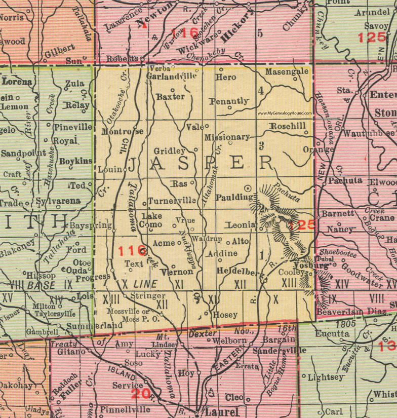 Jasper County, Mississippi, 1911, Map, Rand McNally, Bay Springs, Paulding, Heidelberg, Stringer, Turnerville, Vossburg, Louin, Montrose, Rose Hill, Waldrup, Hosey, Penantly, Cooley, Masengale, Garlandville