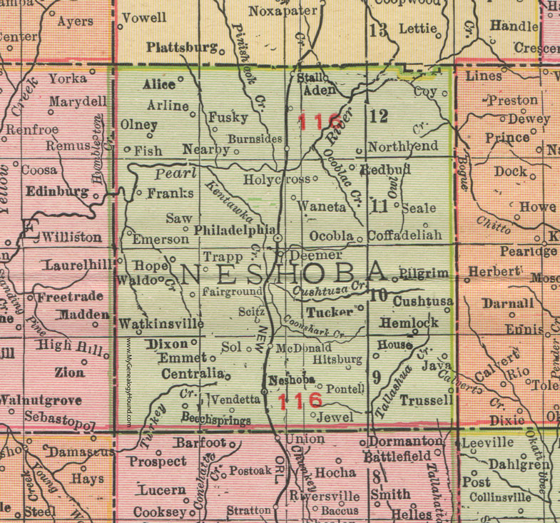 Neshoba County, Mississippi, 1911, Map, Rand McNally, Philadelphia, Burnside, Stallo, McDonald, Deemer, Vendetta, Trussell, Cushtusa, Pilgrim, Waneta, Fusky, Arline, Ocobla, Scitz, Coffadeliah