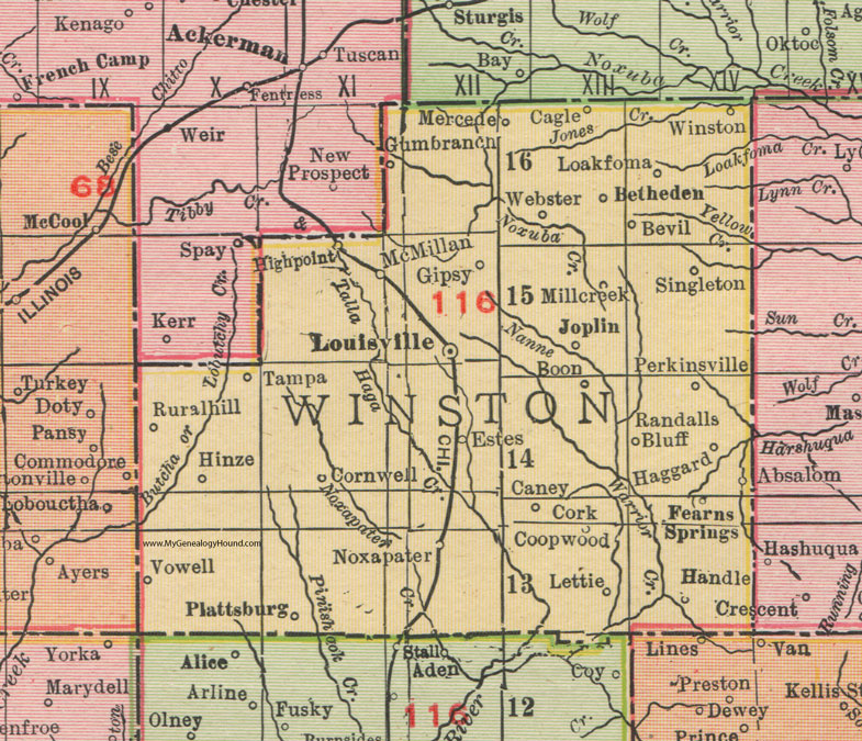 Winston County, Mississippi, 1911, Map, Rand McNally, Louisville, Noxapater, Betheden, McMillan, Joplin, Hinze, Haggard, Loakfoma, Mercede, Gumbranch, Winston, Bevil, Singleton, Estes, Cornwell, Coopwood