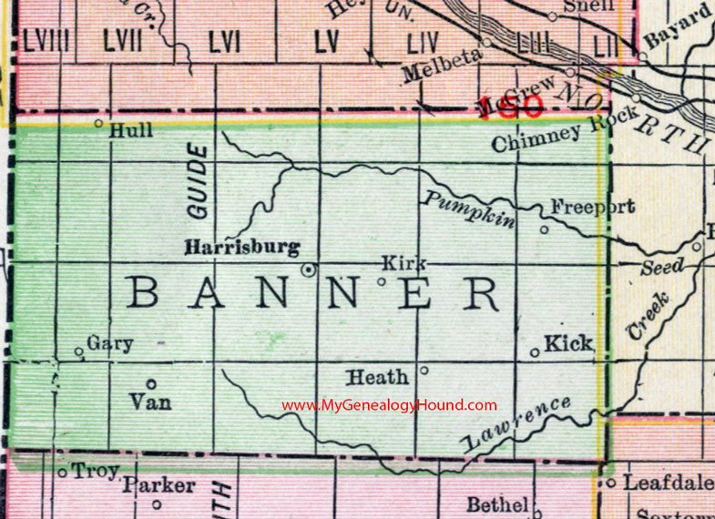 Banner County, Nebraska, 1912, map, Harrisburg, Freeport, Heath, Hull, Van, Gary, Kirk, Kick