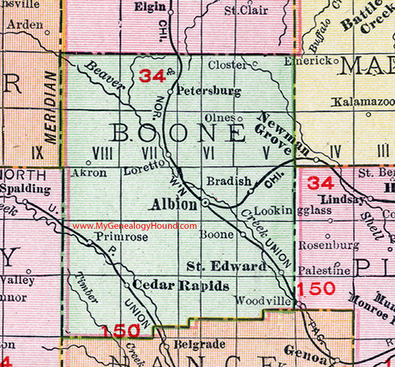 Boone County, Nebraska, 1912, map, Albion, St. Edward, Cedar Rapids, Primrose, Petersburg, Bradish, Akron, Closter, Olnes, Loretto