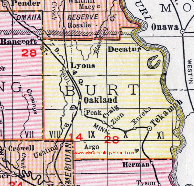 Burt County, Nebraska, 1912, map, Tekamah, Oakland, Lyons, Decatur, Craig, Zion, Eureka, Argo, Peak