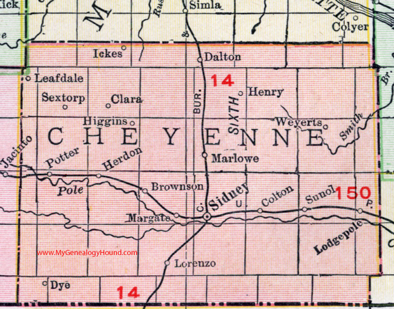 Cheyenne County, Nebraska, map, 1912, Sidney, Lodgepole, Sunol, Potter, Lorenzo, Dalton, Brownson, Colton, Sextorp, Herndon, Margate, Higgins