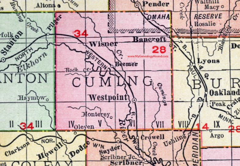 Cuming County, Nebraska, map, 1912, West Point, Bancroft, Wisner, Beemer, Monterey 