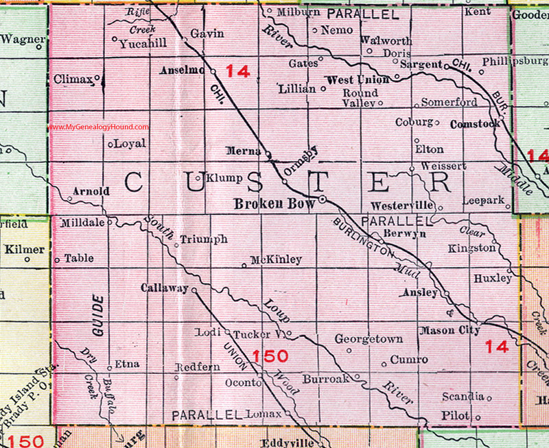 Custer County, Nebraska, map, 1912, Broken Bow, Callaway, Arnold, Ansley, Sargent, Mason City, Oconto, Comstock, Westerville, Anselmo, Merna, Berwyn, Huxley
