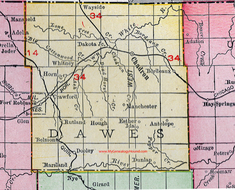 Dawes County, Nebraska, map, 1912, Chadron, Crawford, Whitney, Marsland, Fort Robinson, Belmont, Bordeaux, Wayside, Horn, Dakota Junction, Dunlap, Rutland, Dooley, Hough