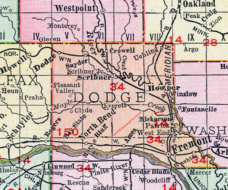 Dodge County, Nebraska, map, 1912, Fremont, Hooper, North Bend, Scribner, Uehling, Winslow, Nickerson, Ames, Snyder, Crowell, West End, Dodge, Rawhide