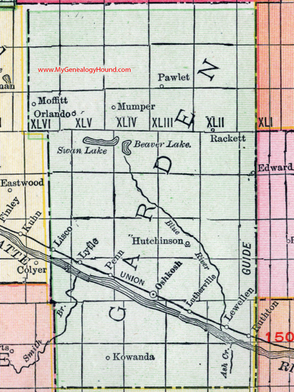 Garden County, Nebraska, map, 1912, Oshkosh, Lewellen, Lisco, Mumper, Rackett, Lytle, Pawlet, Moffitt, Orlando, Hutchinson, Kowanda, Ruthton, Lutherville