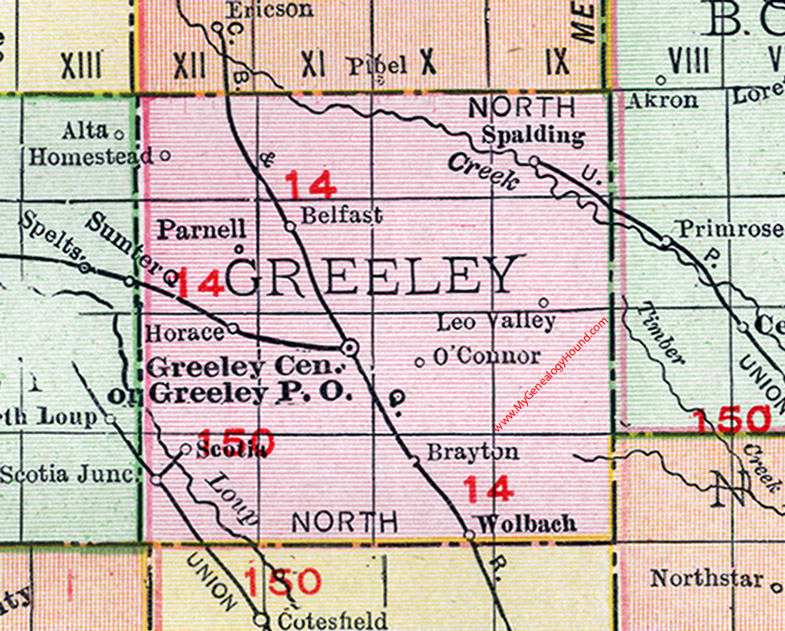 Greeley County, Nebraska, map, 1912, Greeley Center, Spalding, Wolbach, Scotia, Brayton, O'Connor, Horace, Scotia Junction, Belfast, Homestead, Parnell, Leo Valley