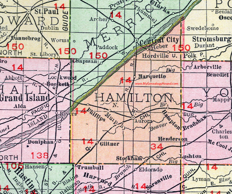 Hamilton County, Nebraska, map, 1912, Aurora, Giltner, Stockham, Hampton, Marquette, Hordville, Phillips, Heber, Murphy 