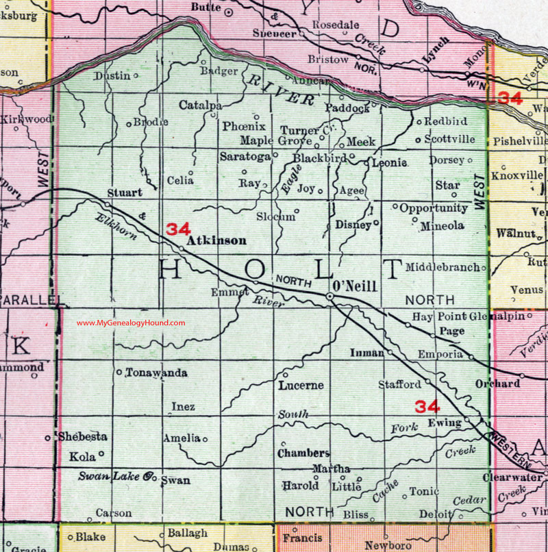 Holt County, Nebraska, map, 1912, O'Neill, Atkinson, Stuart, Ewing, Chambers, Amelia, Page, Inman, Disney, Tonawanda, Emporia, Carson, Brodie