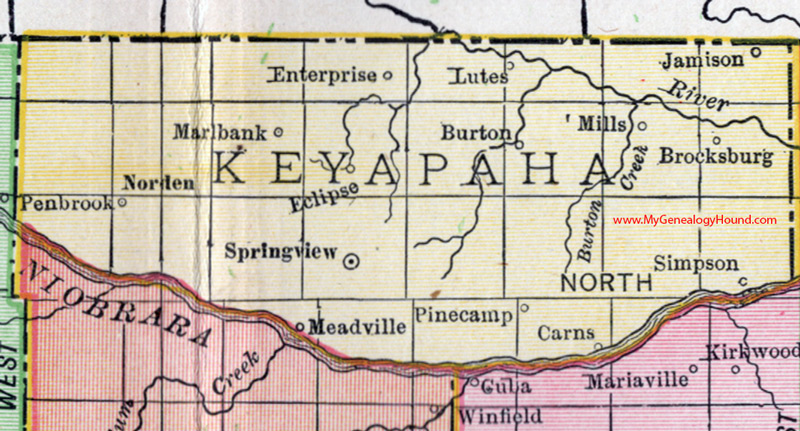 Keya Paha County, Nebraska, map, 1912, Springview, Burton, Norden, Mills, Brocksburg, Carns, Meadville, Enterprise, Lutes, Jamison, Burton, Simpson, Eclipse, Marlbank