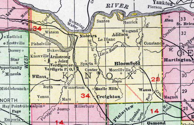 Knox County, Nebraska, map, 1912, Creighton, Center, Bloomfield, Wausa, Niobrara, Verdigre, Winnetoon, Bazile Mills, Santee, Verdel, Le Blanc, Pishelville, Crofton