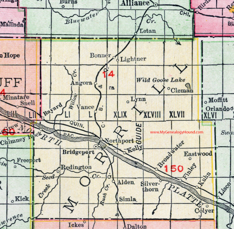 Morrill County, Nebraska, map, 1912, Bridgeport, Bayard, Northport, Broadwater, Angora, Chimney Rock, Bonner, Redington, Alden, Kuhn, Colyer, Silverthorn