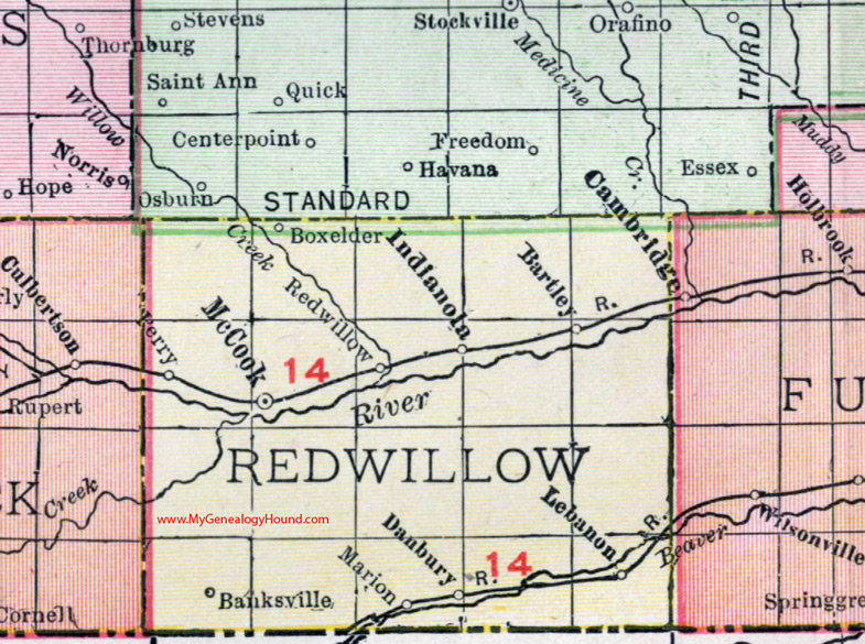 Red Willow County, Nebraska, map, 1912, McCook, Indianola, Lebanon, Danbury, Bartley, Red Willow, Perry, Banksville, Marion