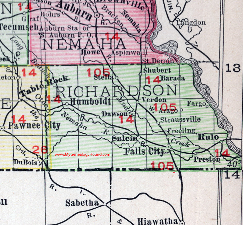 Richardson County, Nebraska, map, 1912, Falls City, Humboldt, Rulo, Salem, Dawson, Shubert, Barada, Verndon, Stella, Preston, Fargo, Freeling, Straussville