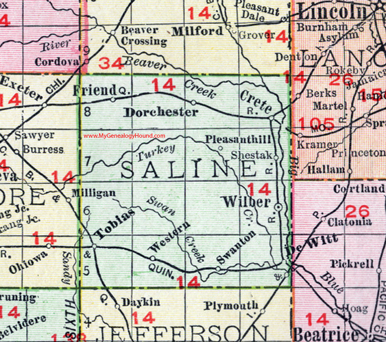 Saline County, Nebraska, map, 1912, Wilber, DeWitt, Crete, Tobias, Dorchester, Swanton, Western, Friend, Pleasant Hill, Shestak