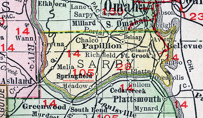 Sarpy County, Nebraska, map, 1912, Papillion, Bellevue, Springfield, Ft. Crook, Richfield, LaPlatte, Gretna, Chalco, Meadow, Gilmore, Melia, Belnap