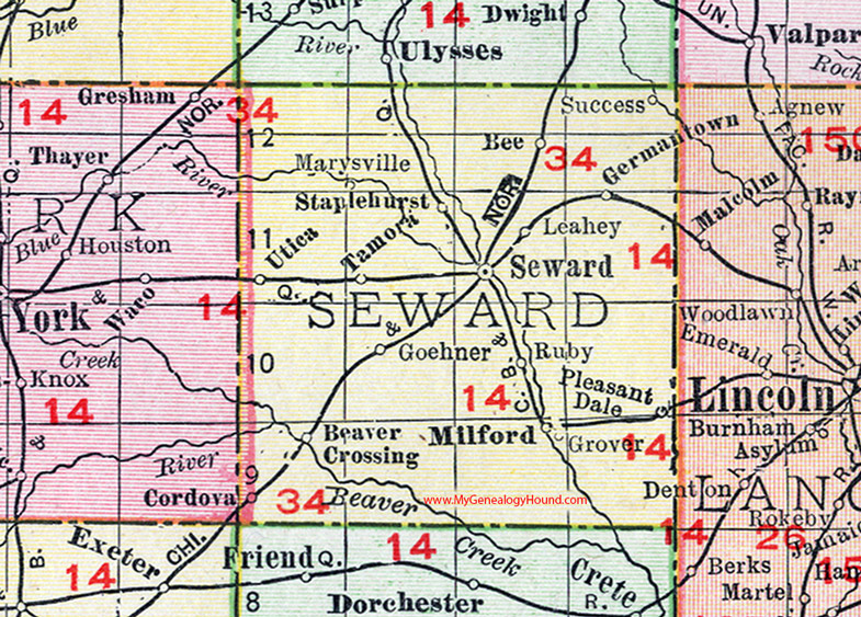 Seward County, Nebraska, map, 1912, Milford, Seward City, Germantown, Tamora, Beaver Crossing, Cordova, Pleasant Dale, Utica, Staplehurst, Bee, Ruby, Leahey, Goehner
