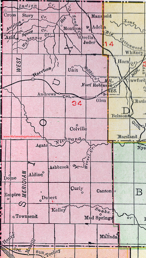 Sioux County, Nebraska, map, 1912, Harrison, Joder, Montrose, Orella, Andrews, Colville, Agate, Aldine, Ashbrook, Dubert, Kelley, Townsend, Mud Springs