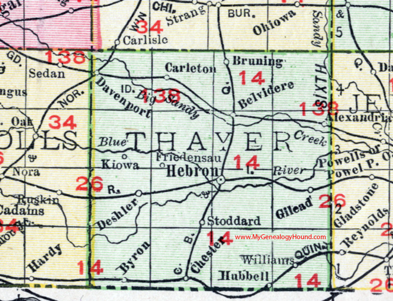 Thayer  County, Nebraska, map, 1912, Hebron, Deshler, Davenport, Carleton, Chester, Belvidere, Alexandria, Bruning, Hubbell, Gilead, Stoddard, Friedensau