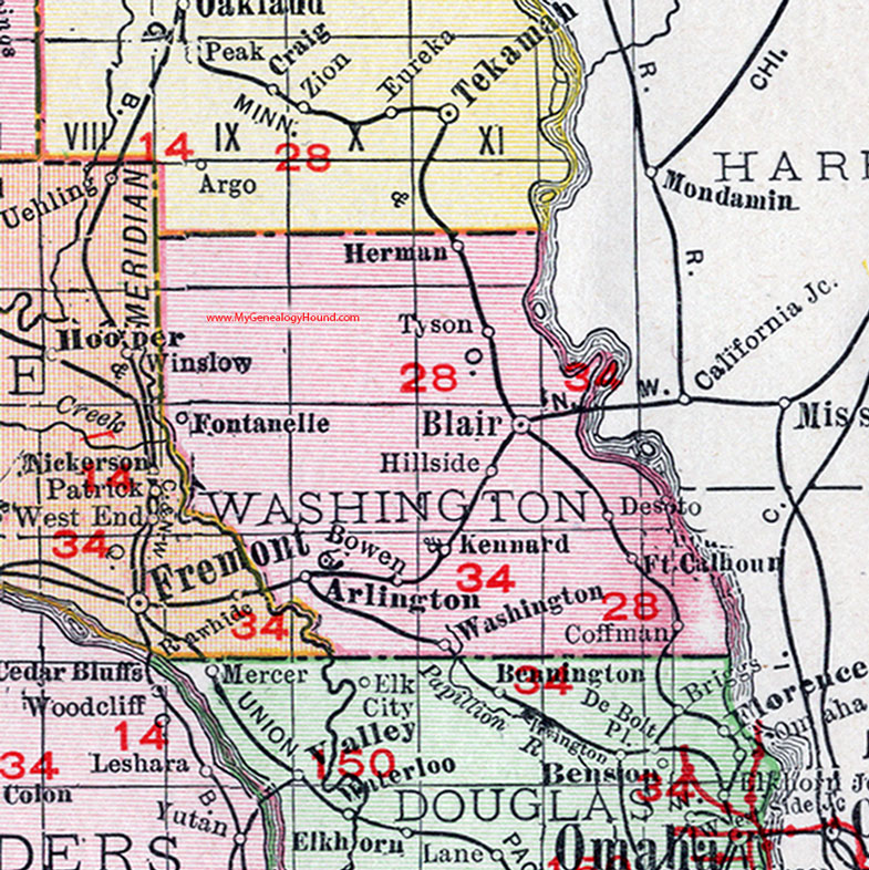 Washington County, Nebraska, map, 1912, Blair, Arlington, Kennard, Ft. Calhoun, Washington City, Herman, Fontanelle, DeSoto, Tyson, Coffman, Bowen, Hillside
