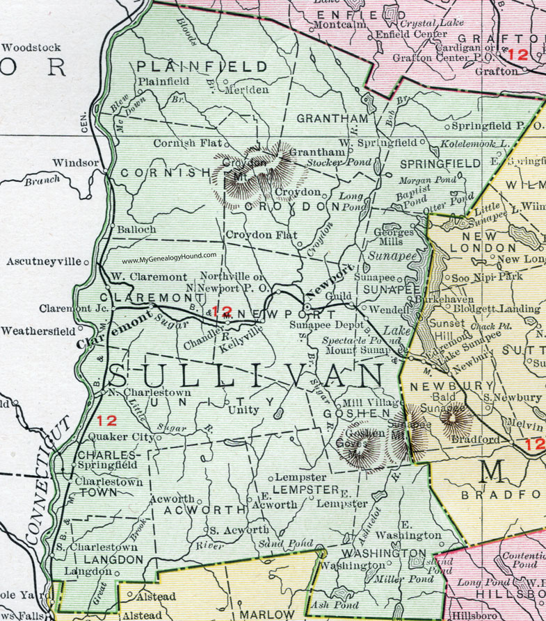 Sullivan County, New Hampshire, Map, 1912, Claremont, Newport, Charlestown, Sunapee, Grantham, Plainfield, Unity, Cornish, Springfield, Lempster, Washington