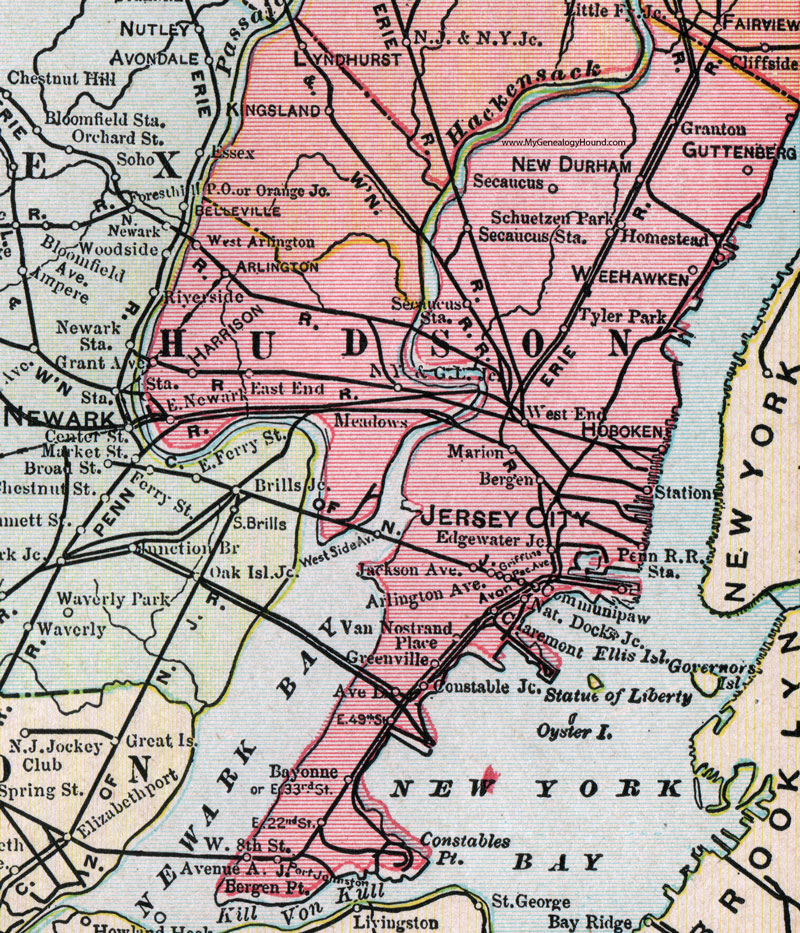 Hudson County, New Jersey, 1905, Map, Cram, Jersey City, Bayonne, Hoboken, Secaucus, Weehawken, Guttenberg, Harrison, New Durham, Bergen, Marion