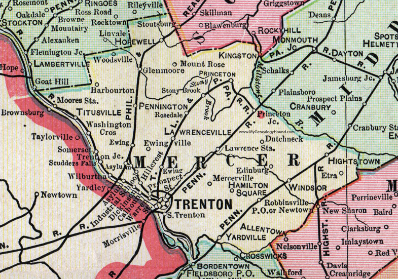 Mercer County, New Jersey, 1905, Map, Cram, Trenton, Princeton, Mercerville, Hightstown, Hopewell, Pennington, Lawrenceville, Hamilton Square, Yardville, Windsor