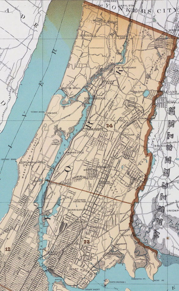 Bronx County, New York 1895 Map by Julius Bien, Belmont, Riverdale, Fordham, Tremont, Melrose, Fordham, Woodlawn, Kingsbridge, NY