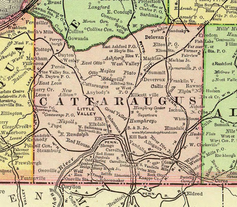Cattaraugus County, New York 1897 Map by Rand McNally, Little Valley, Olean, Salamanca, Randolph, Ellicottville, Cattaraugus, Gowanda, Franklinville, Versailles, Machias, NY