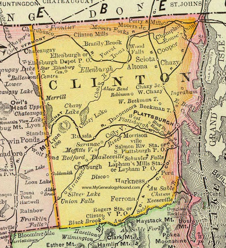 Clinton County, New York 1897 Map by Rand McNally, Plattsburgh, Keeseville, Dannemora, Morrisville, Peru, Chazy, Champlain, Rouse's Point, Ellenburg, Schuyler Falls, NY